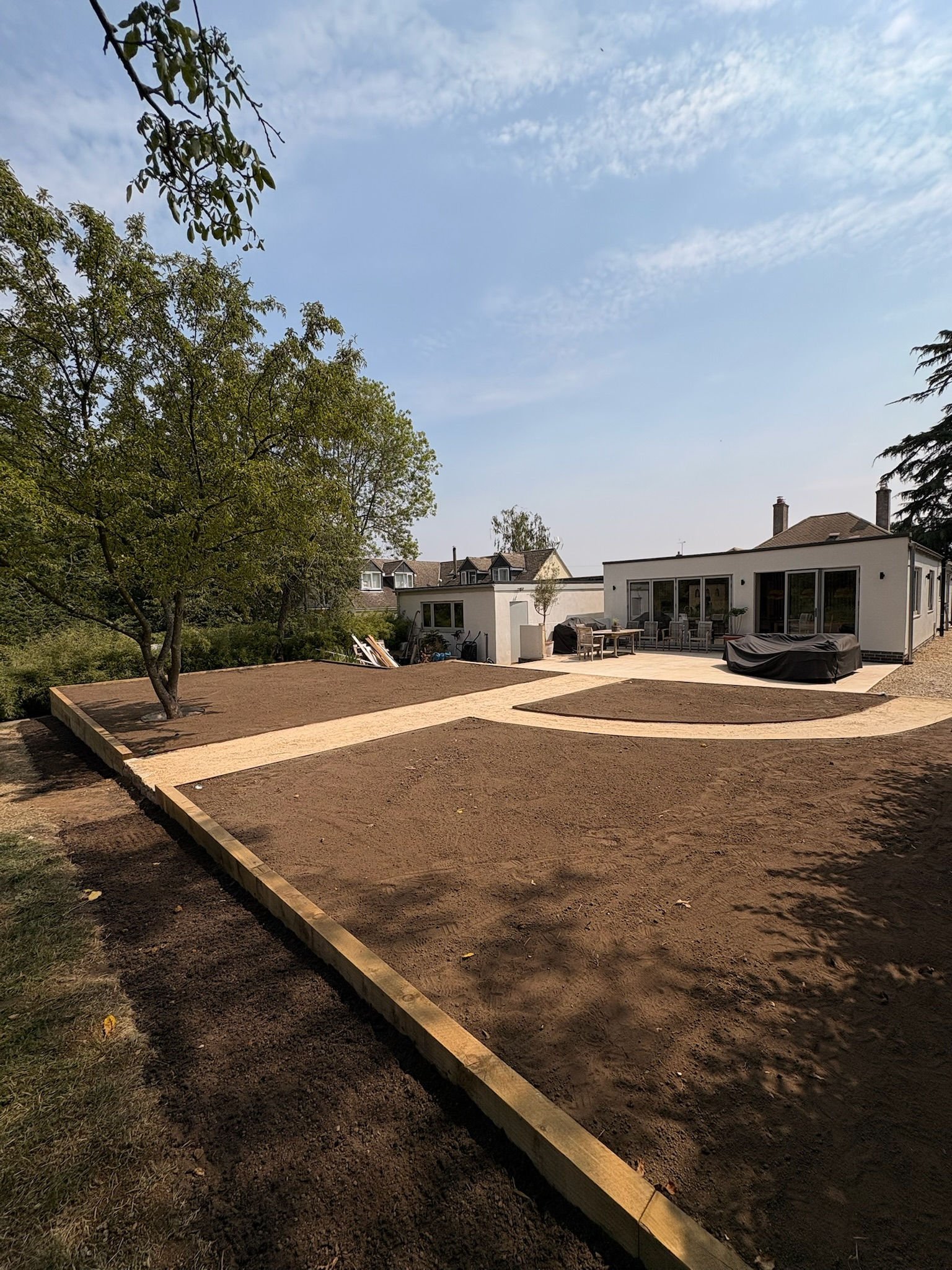 A garden mid-build, with sleeper edging and levels set out in fresh soil