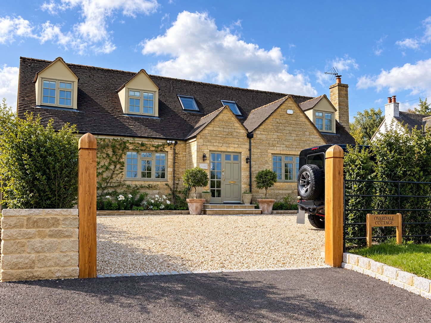 A finished JBM entrance: new Cotswold stone wall, oak gate posts, granite cobbles and a reshingled gravel drive in front of a Cotswold stone house