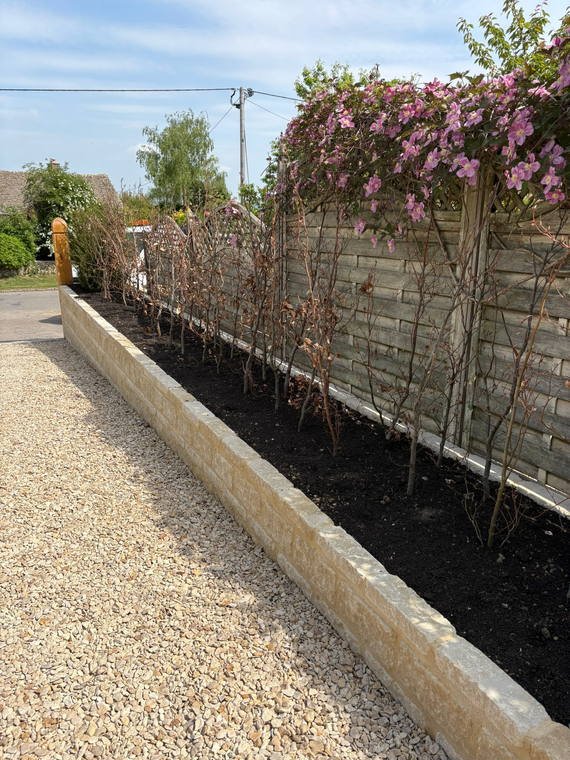 A long gravel drive edged in stone, with a freshly planted hedge running the length of it
