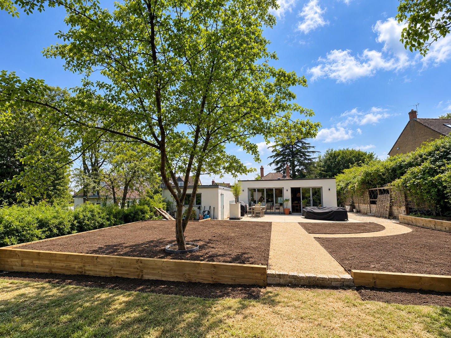 A levelled garden at Leafield: a sleeper retaining wall holding the raised beds above the lawn, with a self-binding gravel path running back to the house