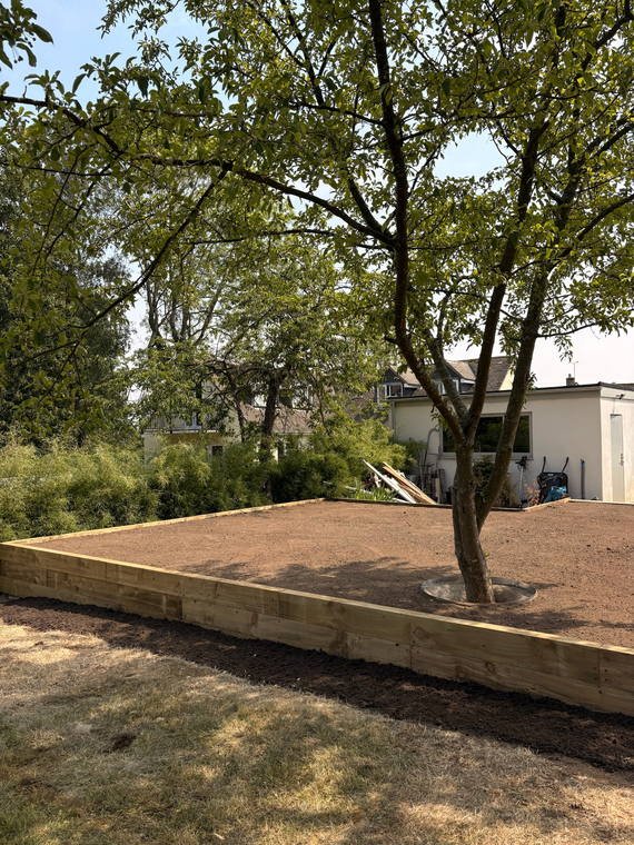 A sleeper-faced retaining wall holding a raised soil bed around a tree at Leafield