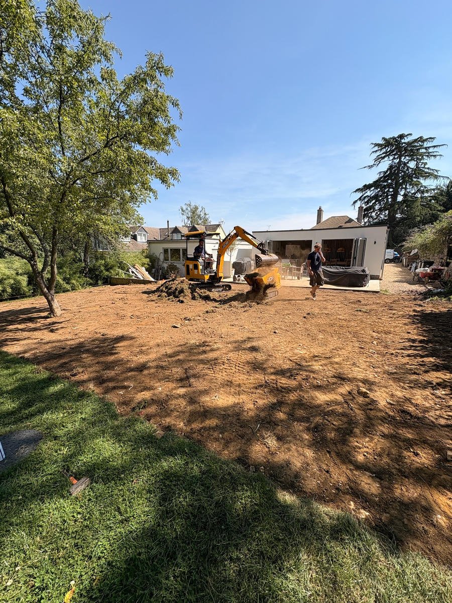 The lawn stripped back to soil with the digger working across it