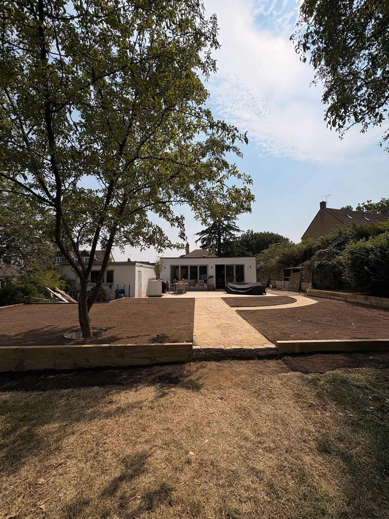 The levelled garden at Leafield, with the self-binding gravel path curving back towards the house