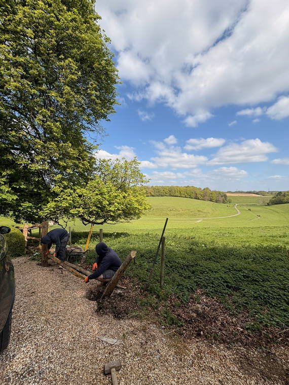Two of the JBM team planting a hedge along a boundary above open fields